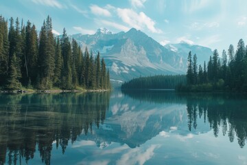 Naklejka premium A picturesque landscape featuring a majestic mountain with a serene body of water in the background. Perfect for nature enthusiasts or travel-related projects