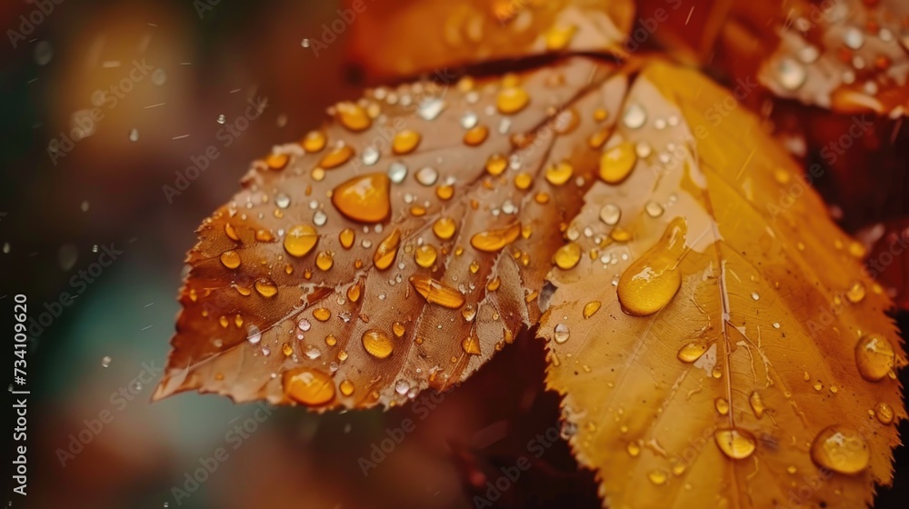 Poster a detailed close up of a leaf with glistening water droplets. perfect for nature enthusiasts and tho
