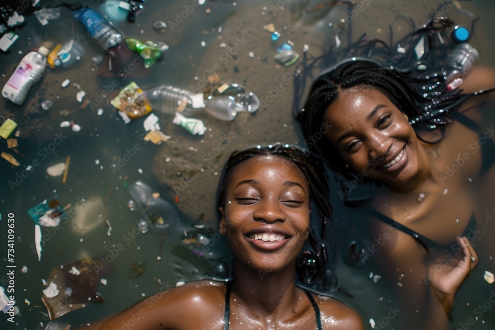 Poster two women are seen standing in a body of water surrounded by trash. this image can be used to highli