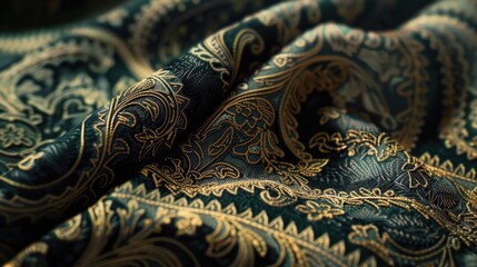 A detailed view of a black and gold paisley fabric. Suitable for various creative projects