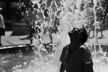 Obraz premium A man standing in front of a water fountain. Can be used to depict relaxation, urban life, or outdoor activities