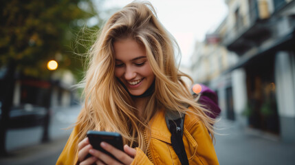 Fototapeta premium A blonde girl is looking at her smartphone on the street.