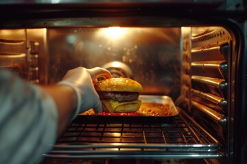 A person is shown taking a hamburger out of the oven. This image can be used to depict cooking,...