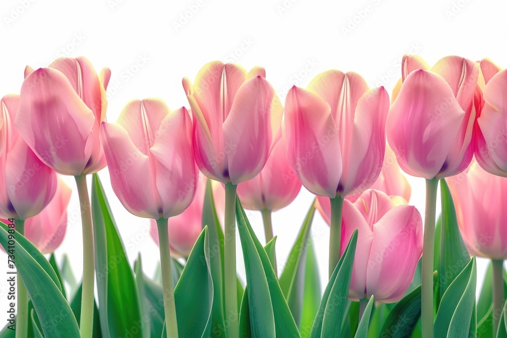 Poster a group of pink tulips with vibrant green leaves. perfect for adding a touch of beauty and color to 