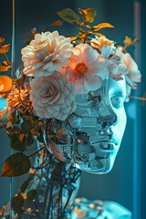 A robotic head adorned with a colorful bouquet of garden roses, artfully arranged in a glass vase, evoking the beauty and delicacy of floral design