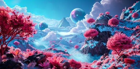 Naklejka premium A stunning landscape bursting with vibrant pink trees and majestic mountains, set against the backdrop of a natural reef and highlighted by an ethereal infrared glow