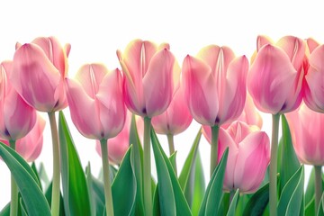 A group of pink tulips with vibrant green leaves. Perfect for adding a touch of beauty and color to any floral arrangement or garden display