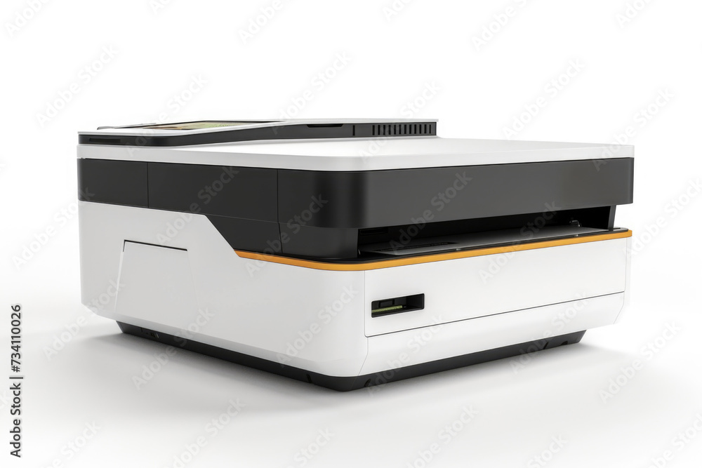 Poster A white and black printer sitting on top of a table. Suitable for office and home use