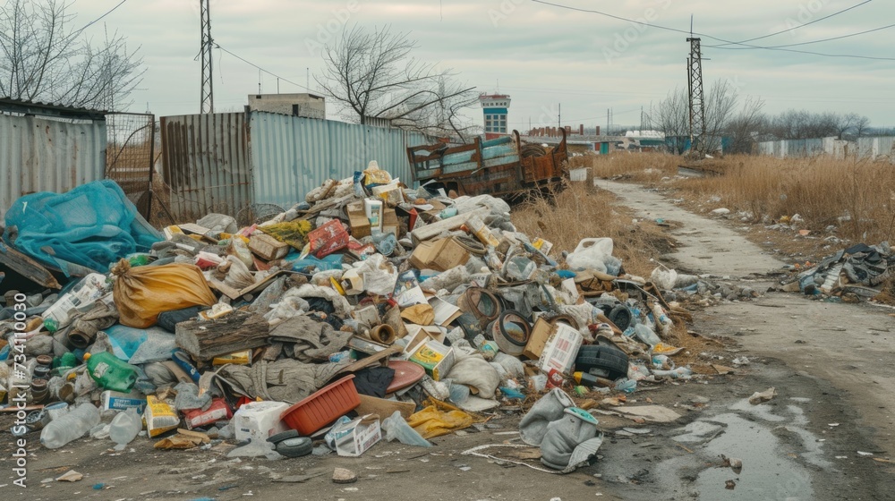 Poster A pile of garbage sitting on the side of a road. Suitable for environmental and pollution concepts