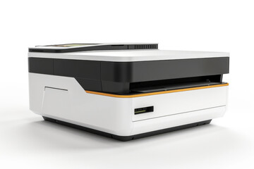 A white and black printer sitting on top of a table. Suitable for office and home use