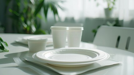 Fototapeta premium A simple and elegant table set up with a white plate and cups. Perfect for showcasing a minimalistic and clean aesthetic. Ideal for use in restaurant menus, food blogs, or home decor websites