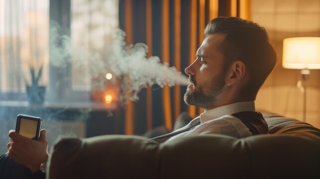 A man is pictured sitting on a couch, smoking a cigarette. This image can be used to depict relaxation, addiction, or leisure activities