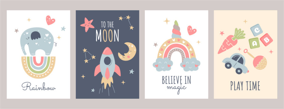 Set of cute boho baby posters in Scandinavian style. Bohemian nursery cards with rainbow, clouds, toys, elephant, rocket and moon. Print decor for kids room. Bedroom wall art with lettering quotes.