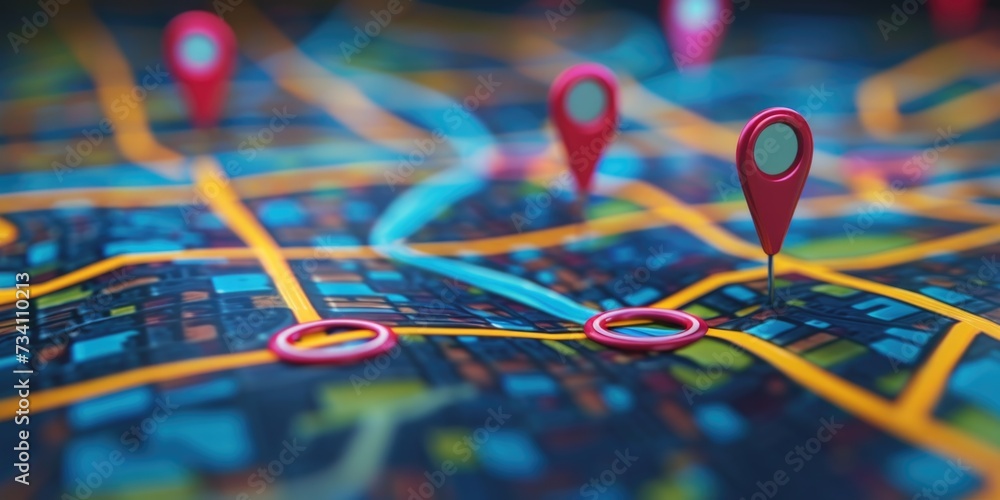 Poster a close up view of a map with pins. ideal for travel, navigation, and location-themed designs