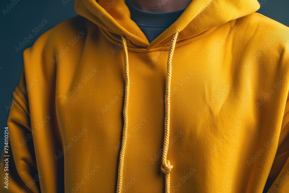 Poster a person wearing a yellow hoodie and a black hat. versatile image suitable for various themes