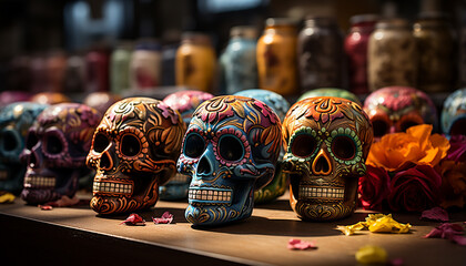 Day of the Dead celebration colorful skulls, spooky decorations generated by AI
