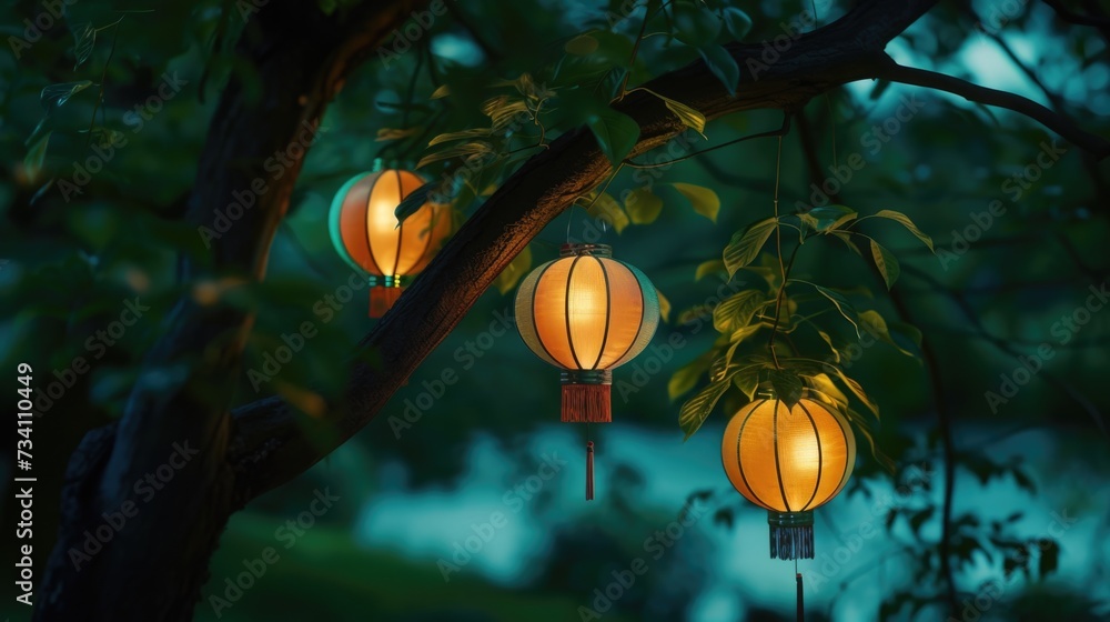 Poster Lanterns hanging from a tree, creating a warm and romantic ambiance. Perfect for outdoor events or adding a touch of charm to any setting