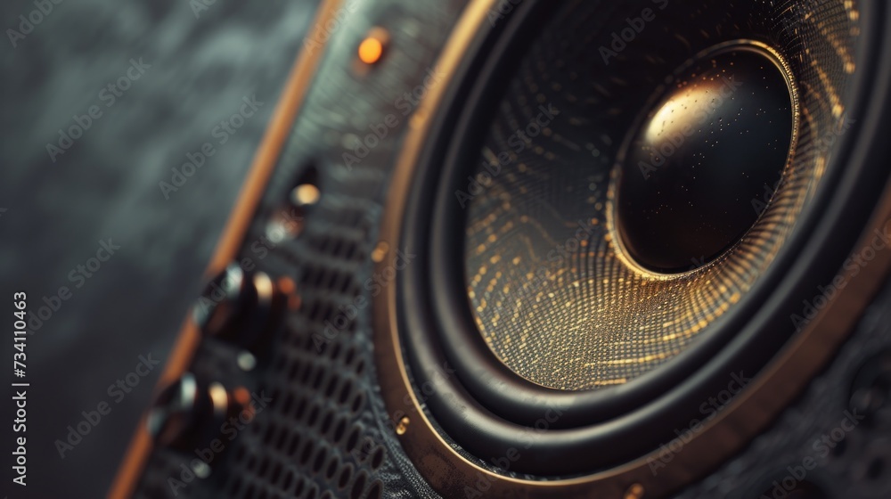 Poster A close-up view of a speaker placed on a table. Perfect for illustrating sound systems or audio equipment.
