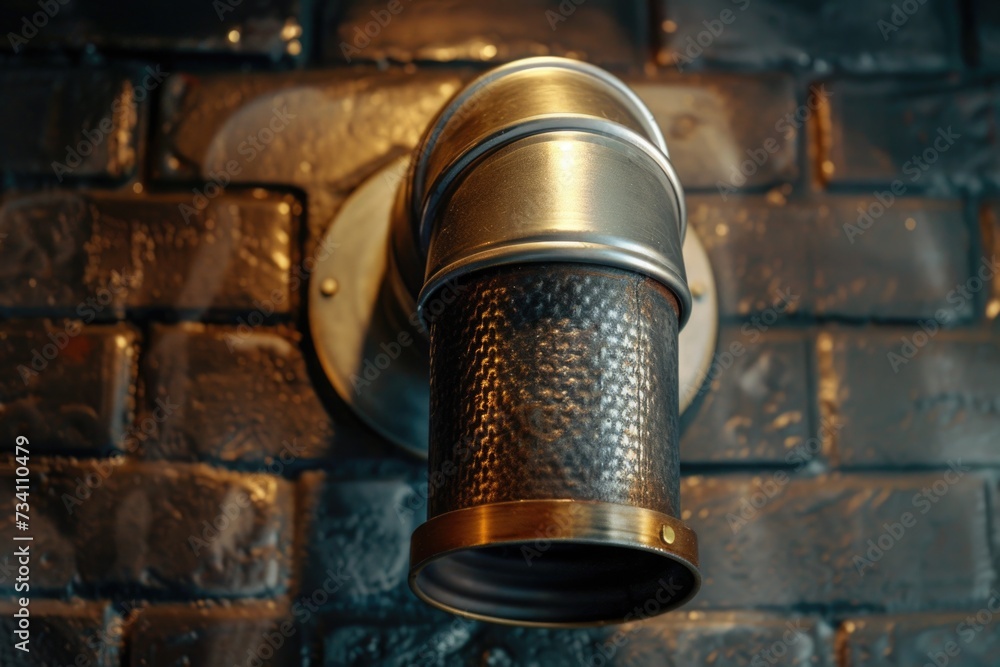 Poster A detailed view of a metal object against a brick wall. This versatile image can be used to depict concepts such as industry, urbanization, strength, and texture.