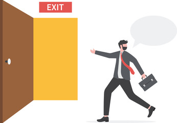 Exit interview, employee feedback before leaving or resignation, staff suggestion to HR human resources concept, resigned businessman employee about to leave the door with interview conversation.
