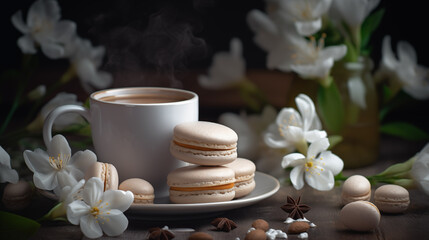 Macarons flowers cappuccino morning coffee background