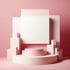 AI generated Abstract pink 3D room with realistic pink and white cylinder pedestal podium