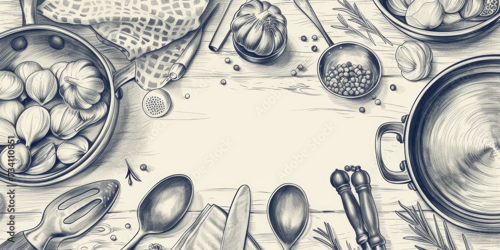 Poster a simple drawing of a table with bowls and spoons. suitable for food and kitchen-related projects