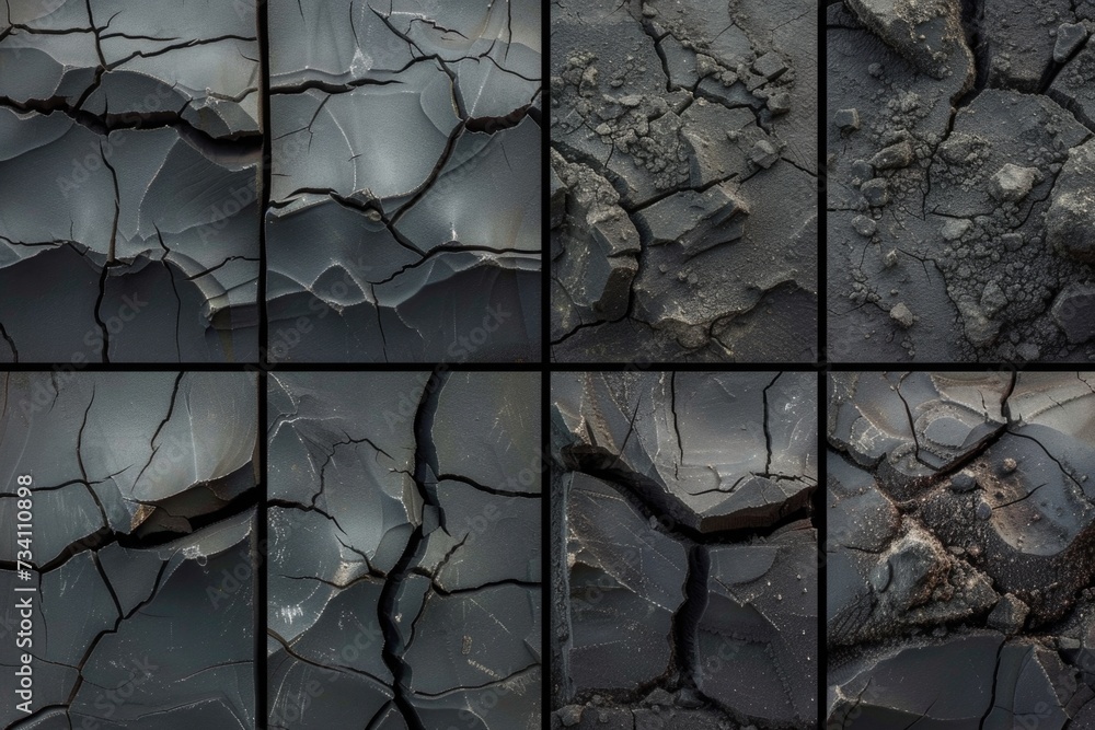 Poster a collection of photos showcasing various cracks in the ground. these images can be used to depict n
