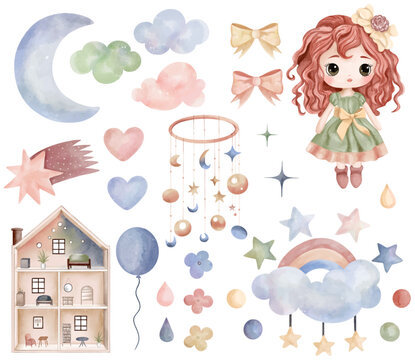 Watercolor toys doll, puppet house. Set of vector hand drawn nursery elements, clouds, moon, rainbow, stars