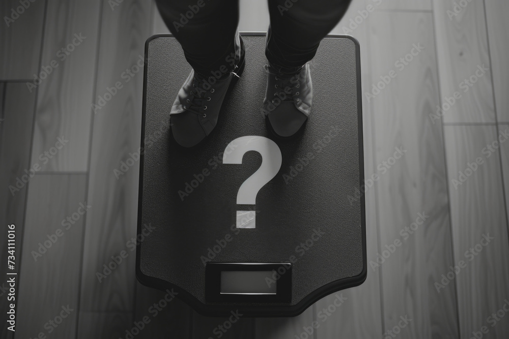 Poster A person standing on a scale with a question mark symbol on it. This image can be used to represent uncertainty, weight loss, health, fitness, or decision-making