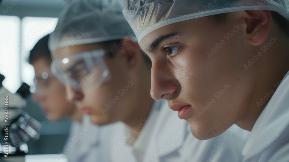 Poster a group of people in lab coats gathered around a microscope. suitable for scientific research and la