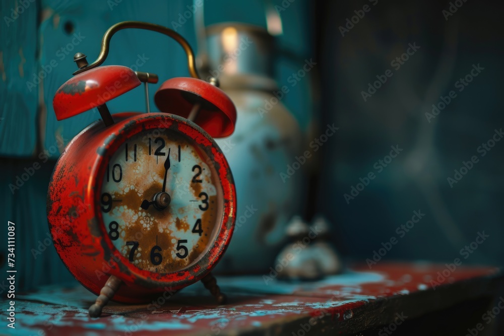 Aufkleber a red alarm clock sitting on top of a wooden table. perfect for illustrating time management and pro