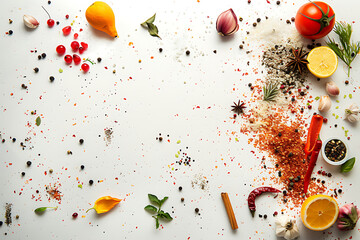 spices vegetables and fruit on the white background i