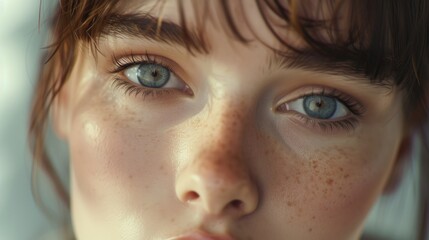 Obraz premium Close up view of a woman with freckles on her face. Suitable for beauty and skincare related projects