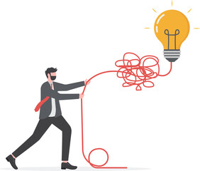 Simplify complex business idea, untangle or solve business problem, solution for messy chaos situation concept, smart businessman untangle messy line of business idea lightbulb or simplify problem.

