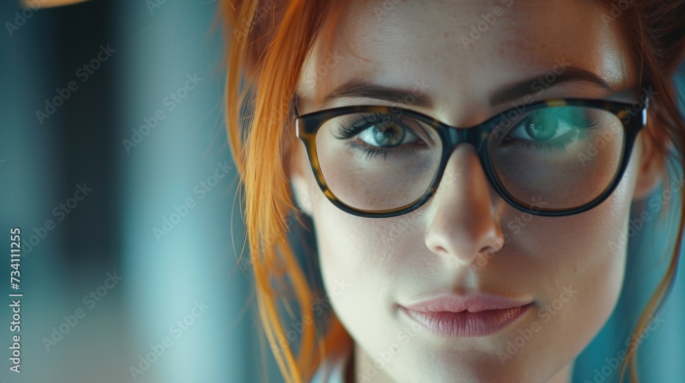 Poster a close-up shot of a woman wearing glasses. versatile image suitable for various applications