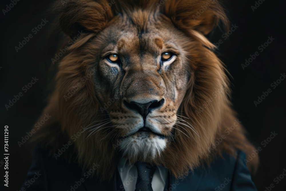 Poster a close-up image of a lion dressed in a suit and tie. this picture can be used to depict a professio