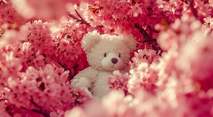 A beloved toy bear basks in the fragrant embrace of vibrant pink flowers, a whimsical scene of springtime joy and nature's beauty captured in one charming snapshot