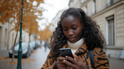 A brunette girl is looking at her smartphone on the street.