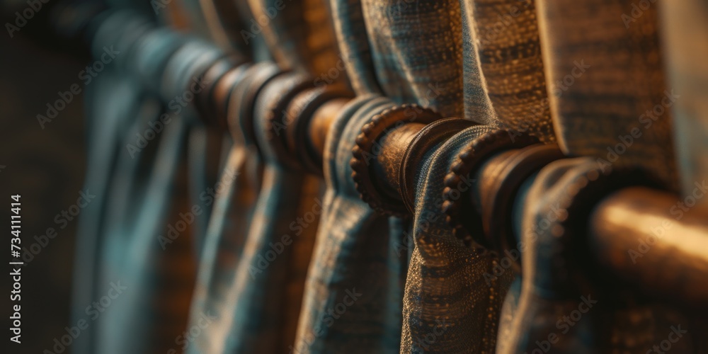 Poster A detailed view of a curtain hanging on a rail. This image can be used to showcase window treatments or interior design concepts