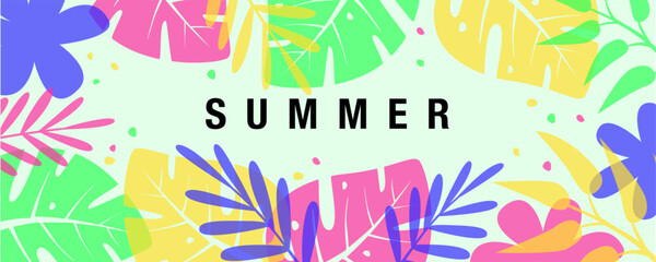 Obraz premium Vector summer background with bright abstract tropical leaves monstera flowers. Modern design templates in minimalist flat style for sales, poster, header, card, cover, social media