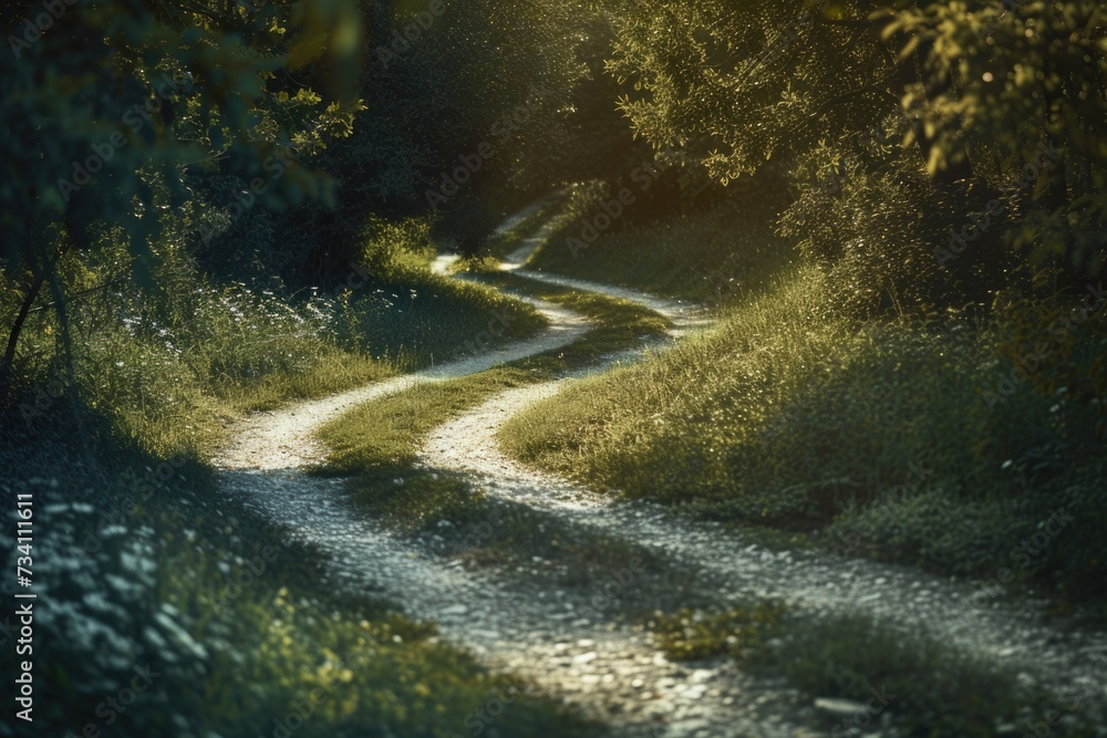 Poster a scenic image of a dirt road surrounded by trees in the middle of a forest. this picture can be use