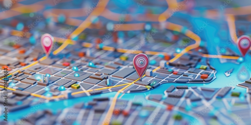 Poster A detailed view of a map with pins marking specific locations. Perfect for travel-related projects or illustrating geographical concepts
