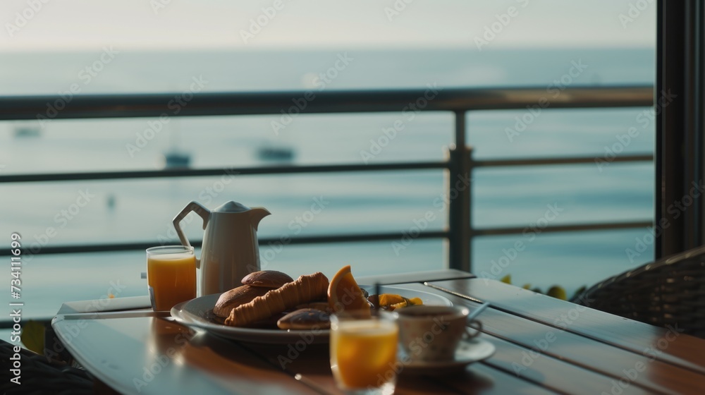 Poster a table set with a plate of food and a pitcher of orange juice. perfect for food and beverage concep