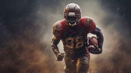 American football player runs with the ball through smoke and dust.