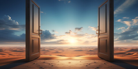 Doorway leading to heaven. Conceptual image. 3D render
