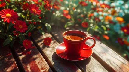 Obraz na płótnie Canvas A vibrant red teacup sits on a rustic wooden table, adorned with delicate flowers and basking in the warm rays of the sun, inviting one to indulge in a calming cup of tea outdoors