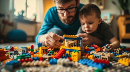 Fototapeta premium A father and son bond over building colorful structures with tiny toy blocks, their laughter filling the room as they create endless possibilities with their imaginations