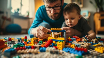 Fotobehang A father and son bond over building colorful structures with tiny toy blocks, their laughter filling the room as they create endless possibilities with their imaginations © Radomir Jovanovic