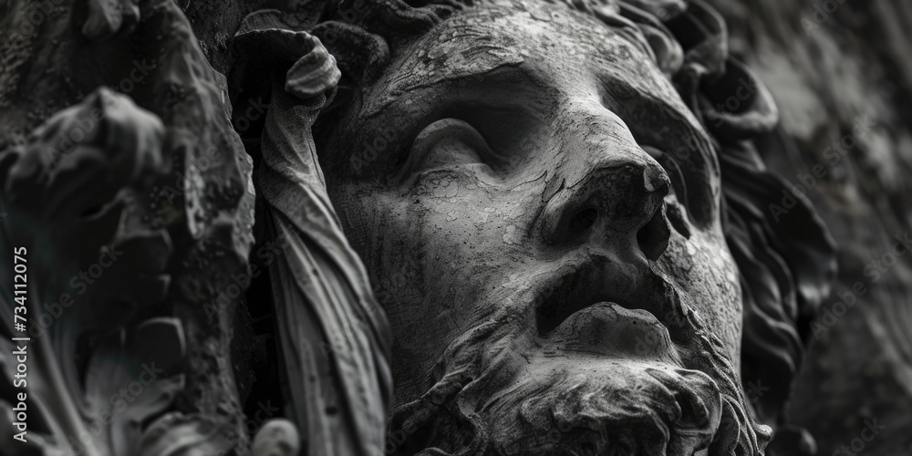 Poster A close-up view of a statue depicting a man with a beard. This image can be used for various purposes